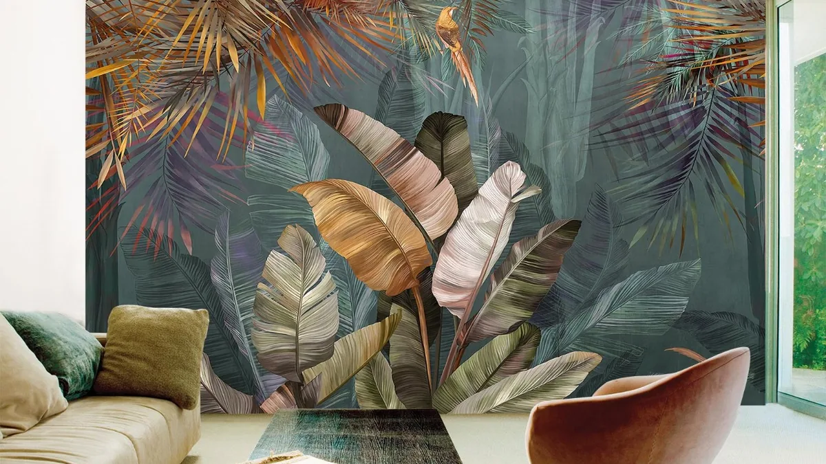 Tropical leaf mural covering a living room feature wall