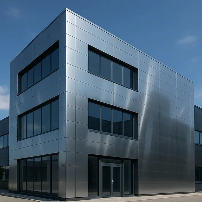 Brushed metal composite panels on a commercial facade