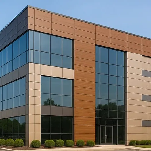 Office block clad in timber-finish composite panels