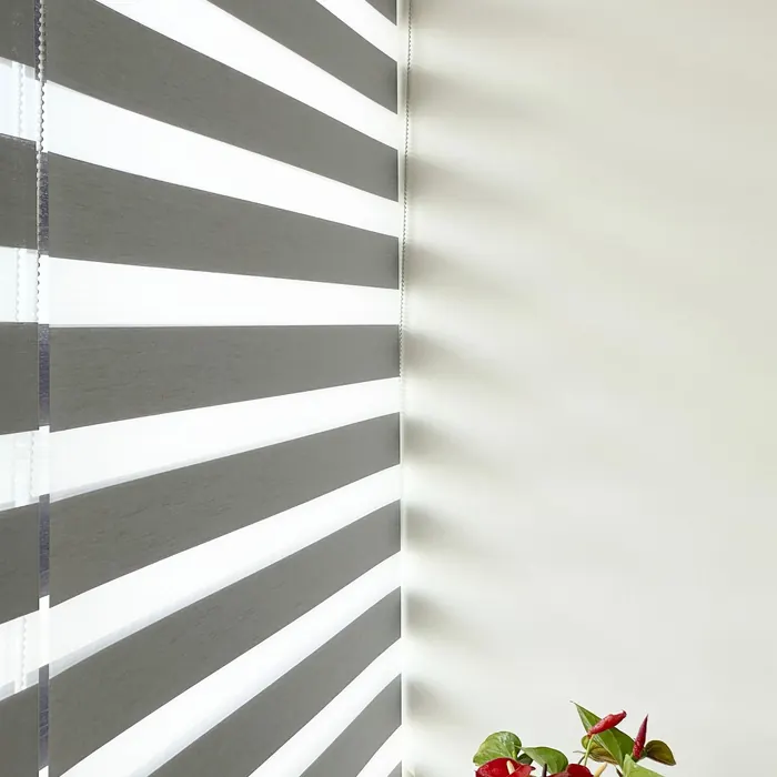 Alternating sheer and solid bands of a zebra blind