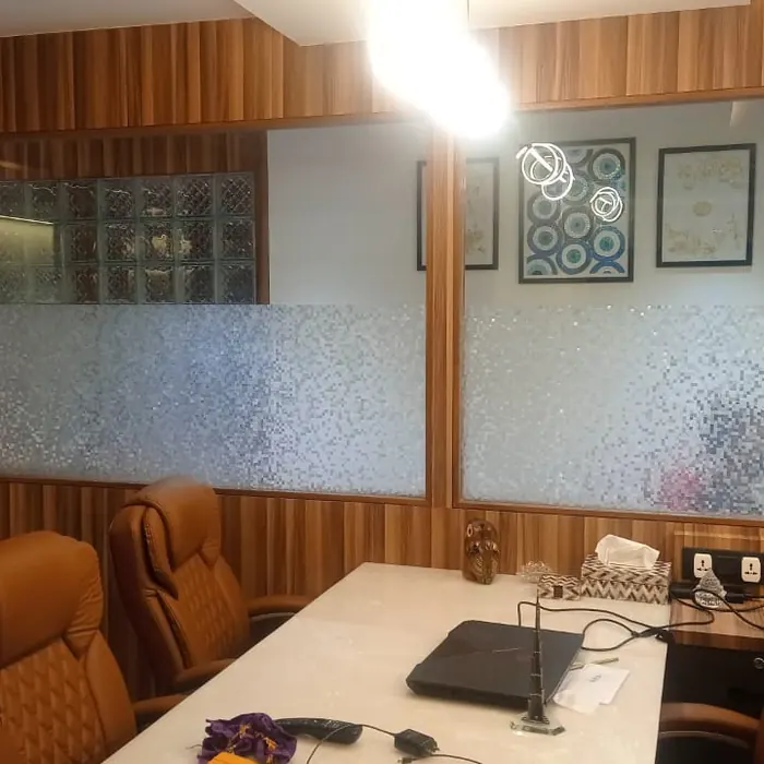Conference room glass with a frosted band at eye level