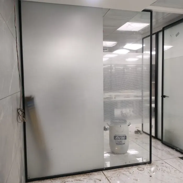 Frosted film applied to a floor-to-ceiling cabin partition