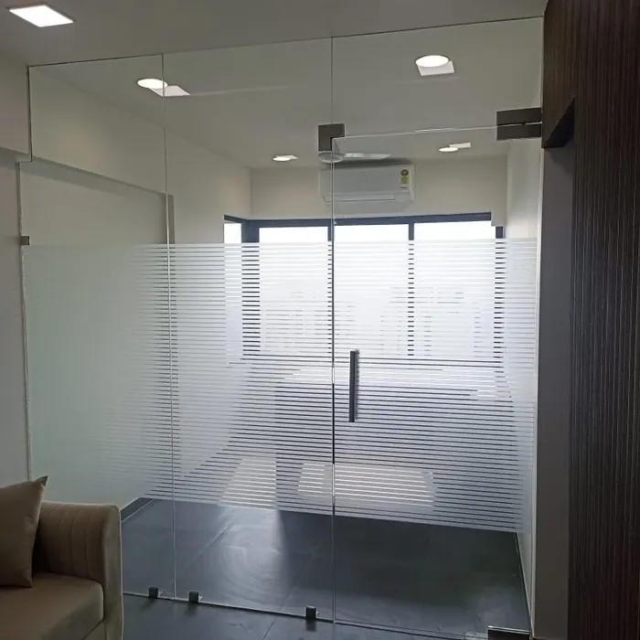 Glass door filmed with fine horizontal stripes