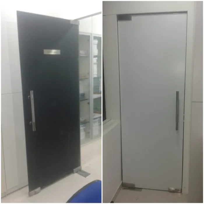 Pair of toughened glass doors with brushed steel handles