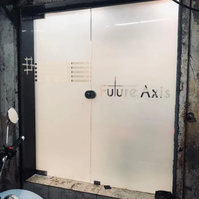 Brand name applied to a frosted glass shop door