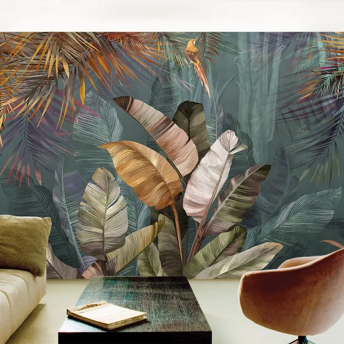 Tropical leaf mural covering a living room wall