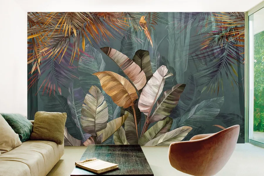 Tropical leaf mural covering a living room feature wall