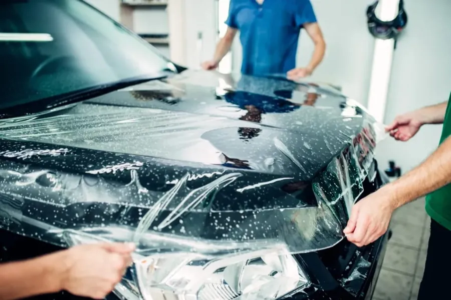 Clear paint protection film being laid over a car bonnet