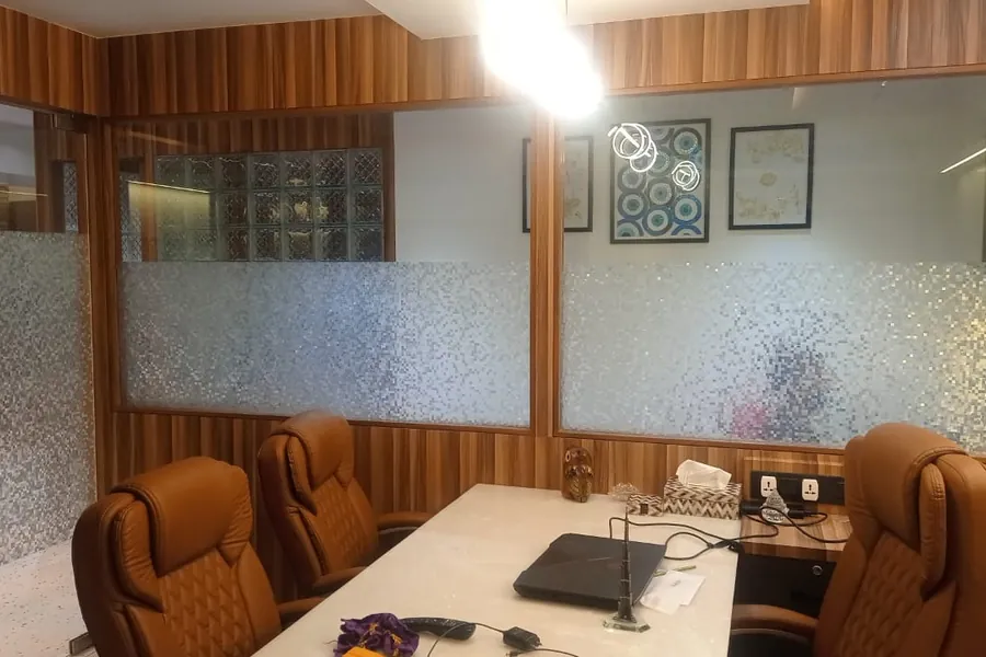 Conference room glazing with a frosted privacy band at eye level