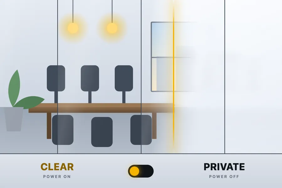 Boardroom partition switching from clear to opaque across its panels